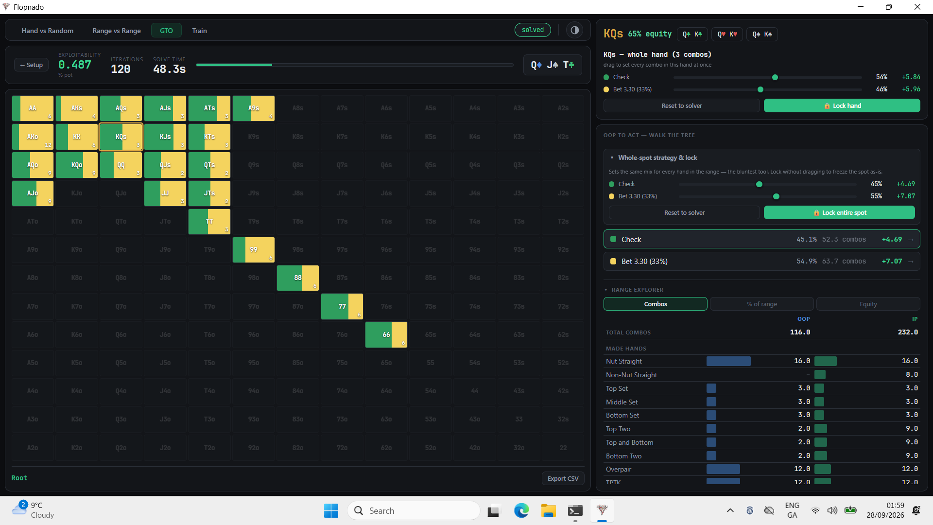 Whole-spot strategy and lock: sliders for check and bet with a Lock entire spot button