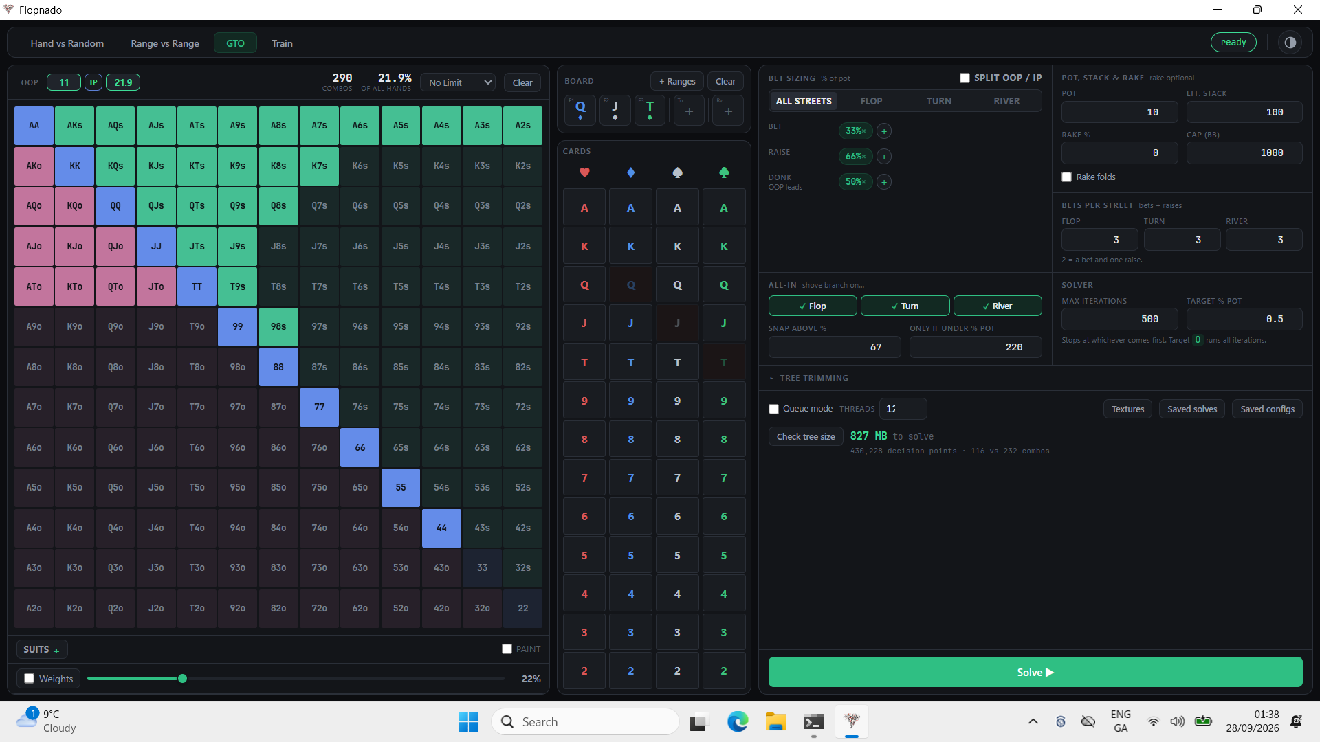 GTO solver setup: bet sizing, pot, stack, rake, bets per street, all-in rules and solver settings